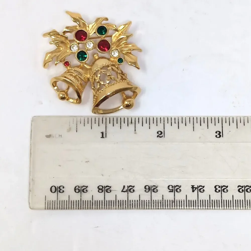 VTG Avon Jewelry Christmas Brooch Bells Gold Tone Red Green‎ Clear Rhinestones